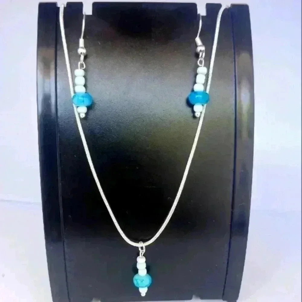Handcrafted Beaded Silver Earrings, And Necklace Set